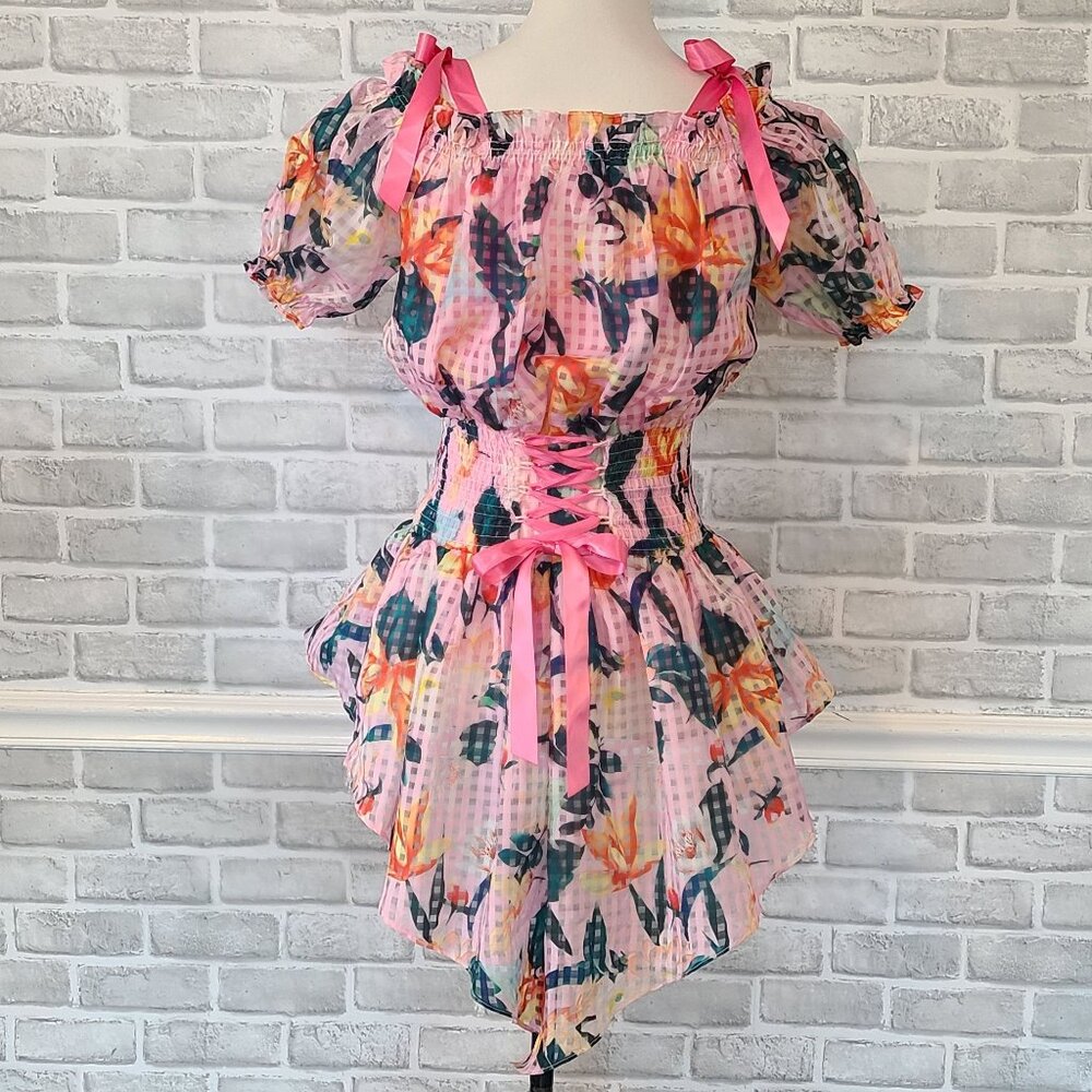 CQ by CQ Upcycled Pink Romantic Corset Tie Top Floral Coquette Fairycore Small